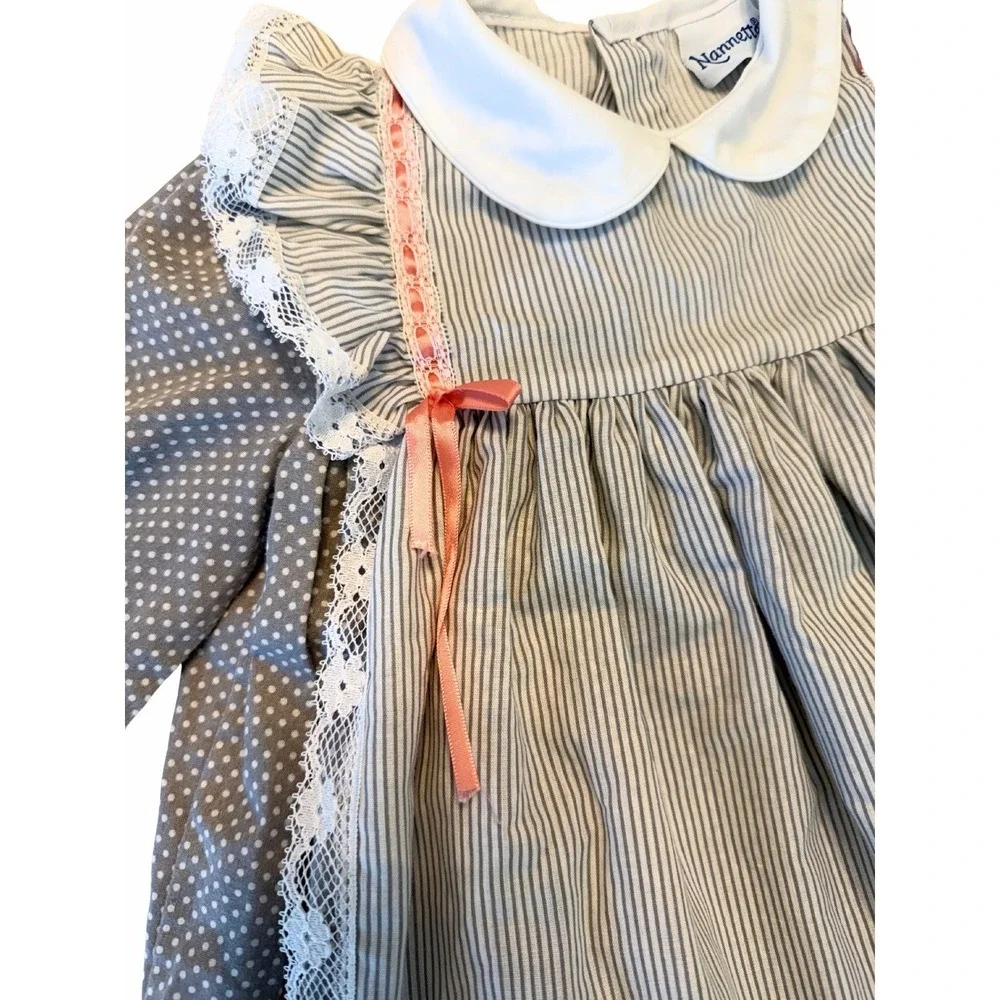 Nannette Girls Apron Dress Lace Gray Polka Dot 18–24 Months? Vintage